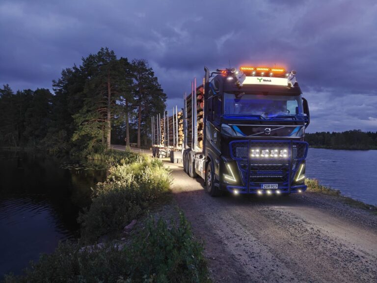 Puutavara-auto järven rannalla